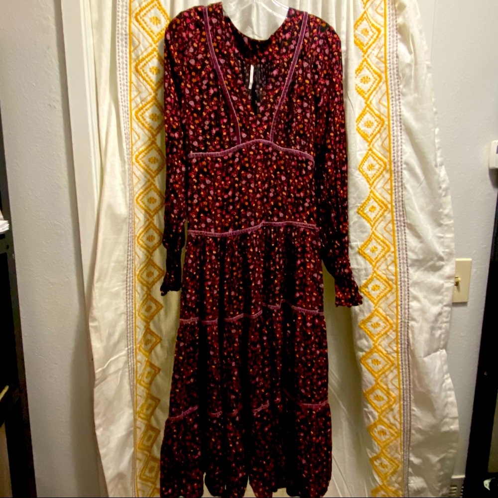 Free people long sleeve boho flower print dress with velvet detail